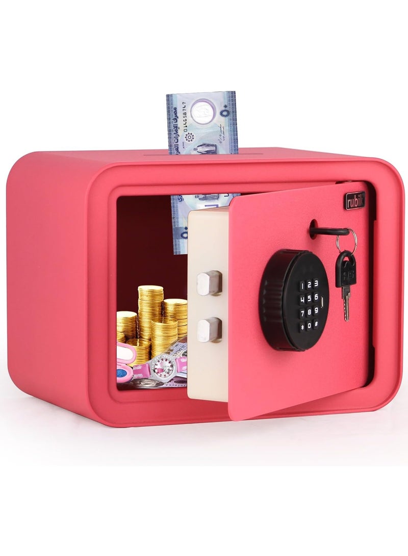 Rubik Piggy Bank Safe with Digital Password and Key Lock, Cash Coins Drop Slot Money Saving Box for Kids Boys Girls Adults (18x24x16cm) Pink - Image 1